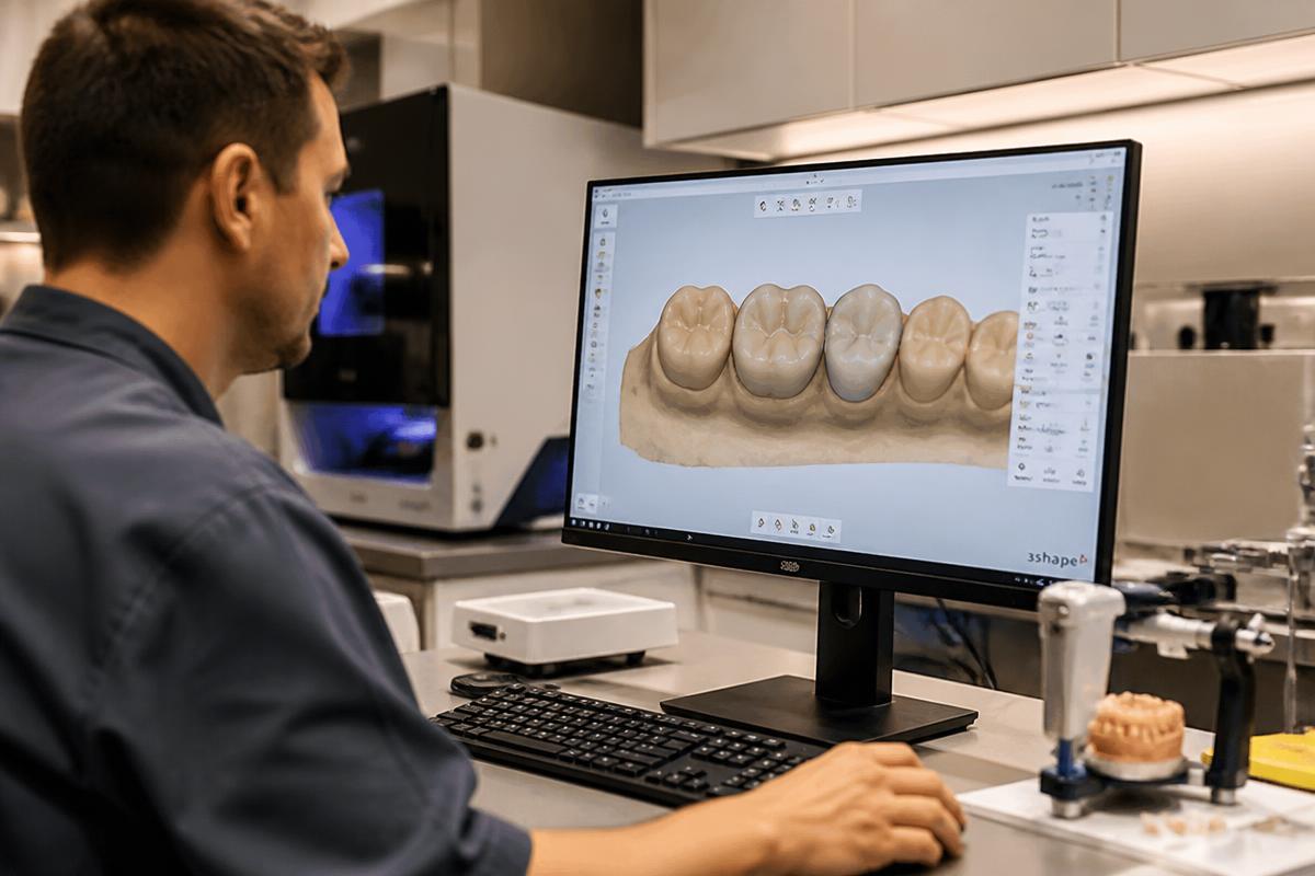 Técnico dental diseñando una restauración con tecnología CAD/CAM